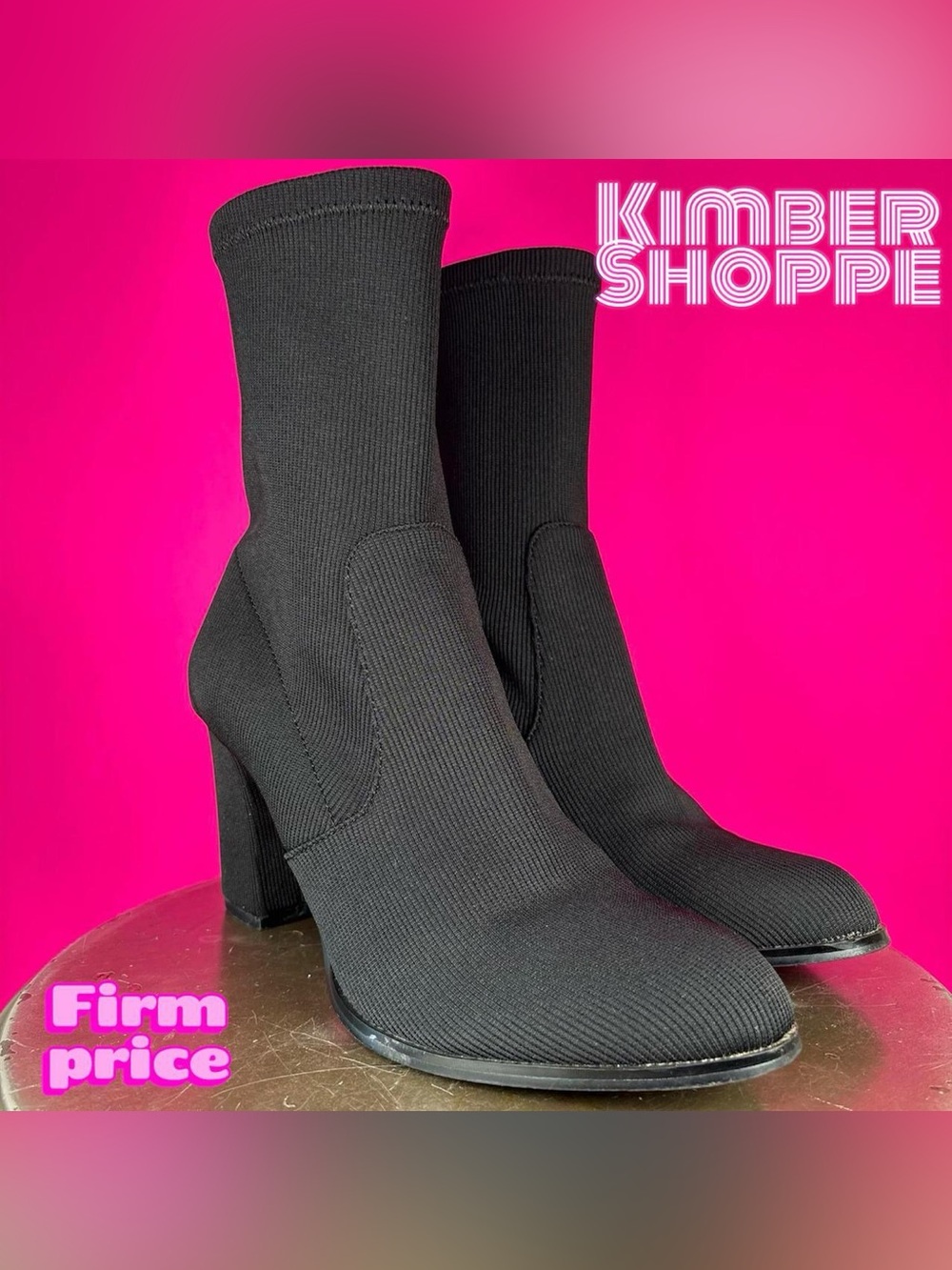 Chinese Laundry Craze Black Stretch Ribbed Knit Block Heel Sock Boot US 8 UK 6